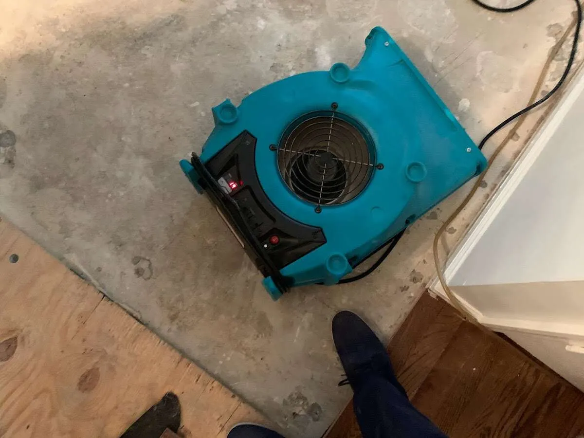 Air mover drying subfloor during Leak Detection & Repair in Hidden Valley